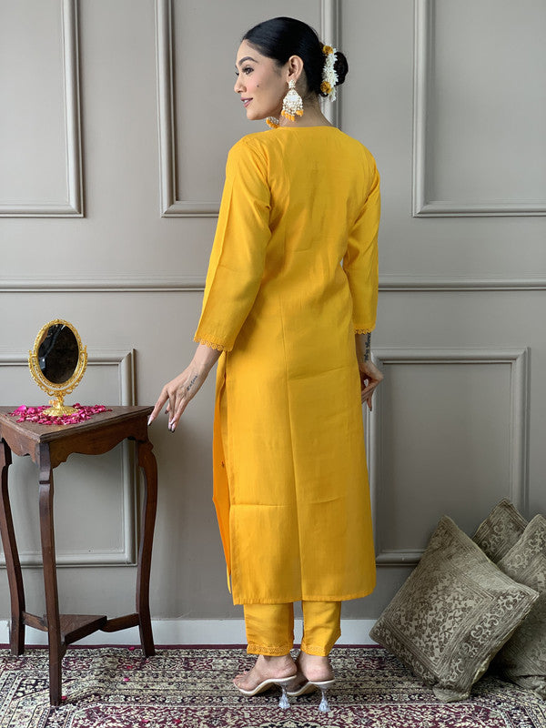 Malishka Women's Yellow Viscose Chanderi Embroidered Straight Kurta Pant With Dupatta - Distacart