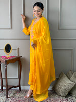 Thumbnail for Malishka Women's Yellow Viscose Chanderi Embroidered Straight Kurta Pant With Dupatta - Distacart