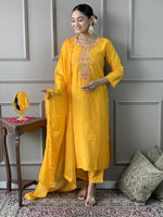 Thumbnail for Malishka Women's Yellow Viscose Chanderi Embroidered Straight Kurta Pant With Dupatta - Distacart