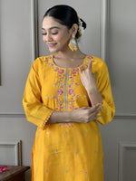 Thumbnail for Malishka Women's Yellow Viscose Chanderi Embroidered Straight Kurta Pant With Dupatta - Distacart