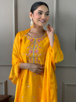 Thumbnail for Malishka Women's Yellow Viscose Chanderi Embroidered Straight Kurta Pant With Dupatta - Distacart