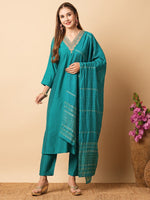 Thumbnail for Malishka Women's Green Viscose Chanderi Embroidered Straight Kurta Pant With Dupatta - Distacart
