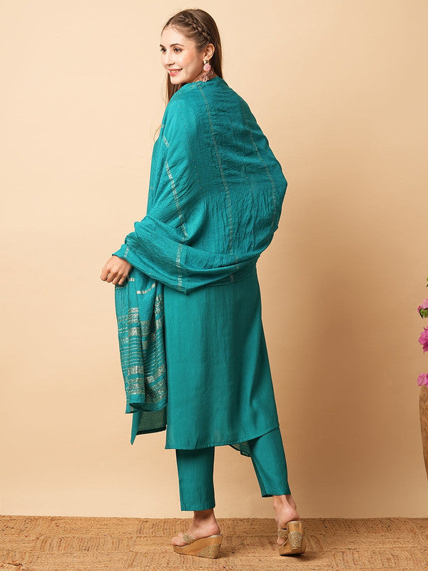 Malishka Women's Green Viscose Chanderi Embroidered Straight Kurta Pant With Dupatta - Distacart