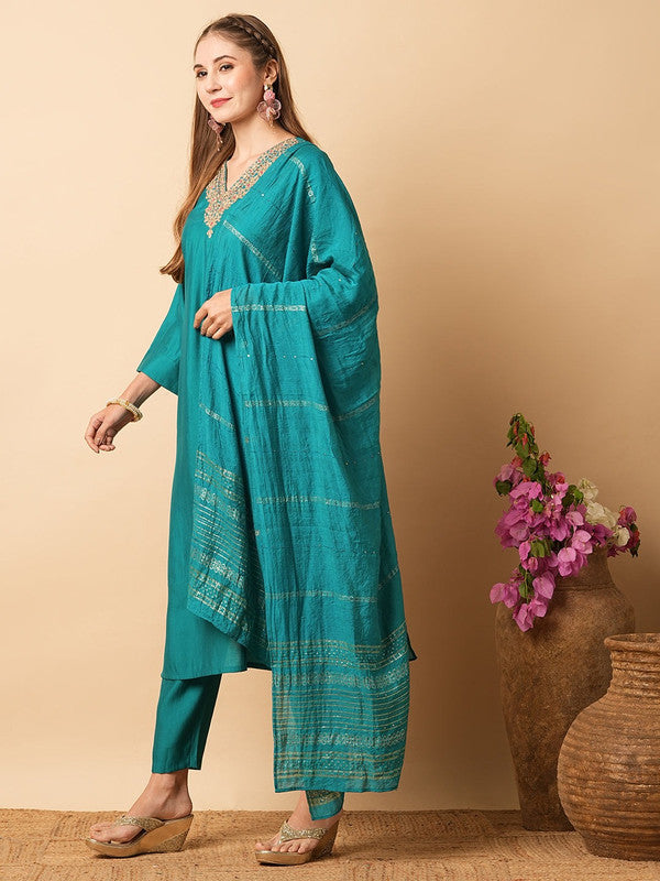 Malishka Women's Green Viscose Chanderi Embroidered Straight Kurta Pant With Dupatta - Distacart