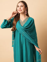 Thumbnail for Malishka Women's Green Viscose Chanderi Embroidered Straight Kurta Pant With Dupatta - Distacart