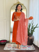 Thumbnail for Malishka Women's Orange Viscose Silk Embroidered Flared Kurta Pant With Dupatta