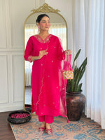 Thumbnail for Malishka Women's Pink Viscose Embroidered Straight Kurta Pant With Dupatta