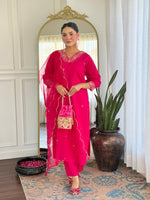 Thumbnail for Malishka Women's Pink Viscose Embroidered Straight Kurta Pant With Dupatta