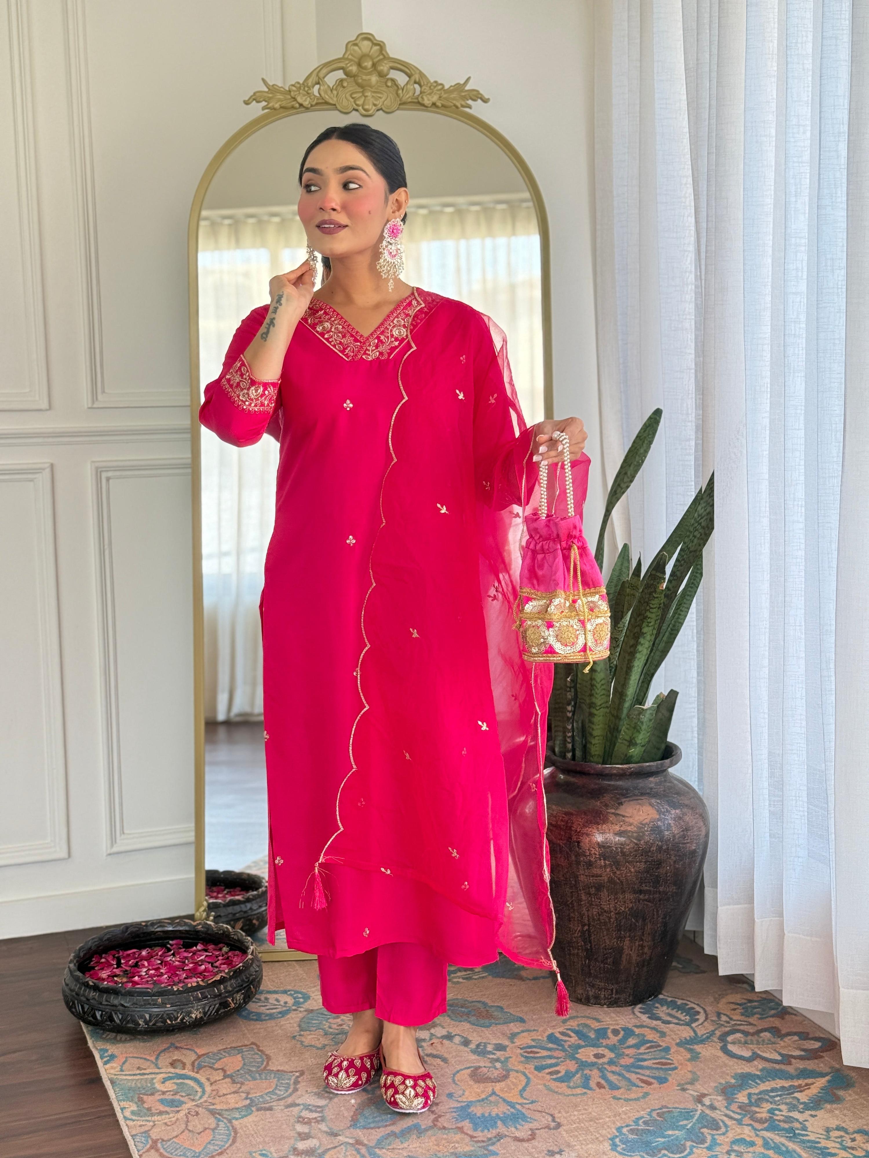Malishka Women's Pink Viscose Embroidered Straight Kurta Pant With Dupatta