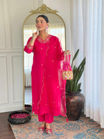 Thumbnail for Malishka Women's Pink Viscose Embroidered Straight Kurta Pant With Dupatta