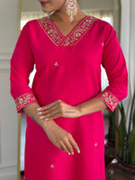Thumbnail for Malishka Women's Pink Viscose Embroidered Straight Kurta Pant With Dupatta