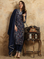 Thumbnail for Malishka Women's Navy Blue Viscose Chanderi Embroidered Straight Kurta Pant With Dupatta - Distacart