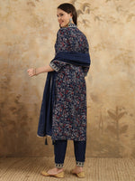 Thumbnail for Malishka Women's Navy Blue Viscose Chanderi Embroidered Straight Kurta Pant With Dupatta - Distacart