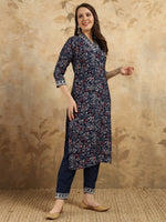 Thumbnail for Malishka Women's Navy Blue Viscose Chanderi Embroidered Straight Kurta Pant With Dupatta - Distacart