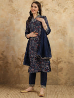Thumbnail for Malishka Women's Navy Blue Viscose Chanderi Embroidered Straight Kurta Pant With Dupatta - Distacart