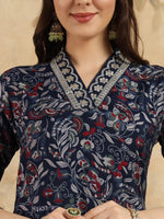 Thumbnail for Malishka Women's Navy Blue Viscose Chanderi Embroidered Straight Kurta Pant With Dupatta - Distacart