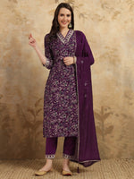 Thumbnail for Malishka Women's Purple Viscose Chanderi Embroidered Straight Kurta Pant With Dupatta - Distacart