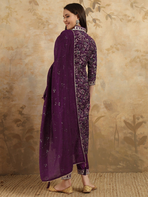 Malishka Women's Purple Viscose Chanderi Embroidered Straight Kurta Pant With Dupatta - Distacart