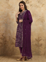 Thumbnail for Malishka Women's Purple Viscose Chanderi Embroidered Straight Kurta Pant With Dupatta - Distacart