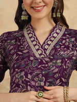 Thumbnail for Malishka Women's Purple Viscose Chanderi Embroidered Straight Kurta Pant With Dupatta - Distacart