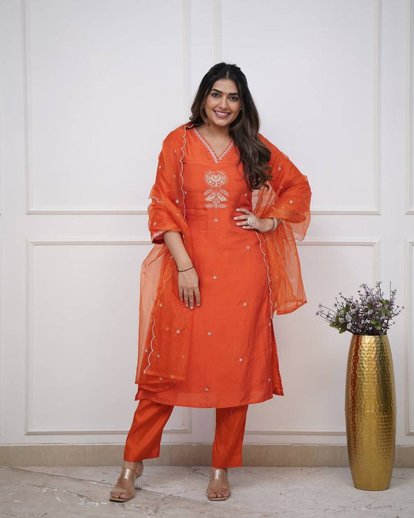 Malishka Women's Orange Viscose Chanderi Embroidered Straight Kurta Pant With Dupatta