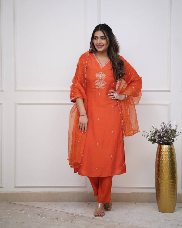 Malishka Women's Orange Viscose Chanderi Embroidered Straight Kurta Pant With Dupatta