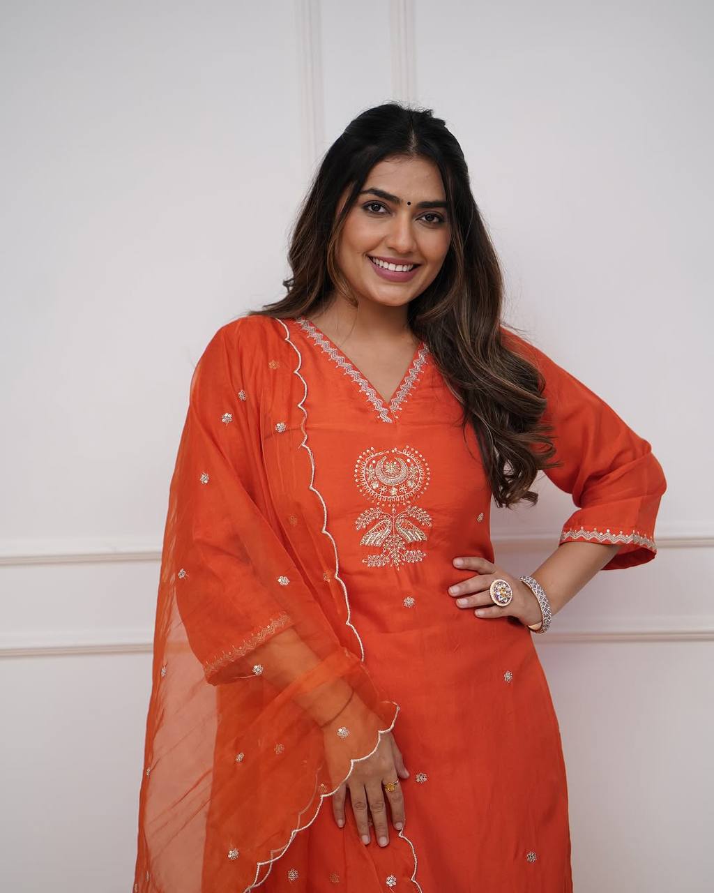 Malishka Women's Orange Viscose Chanderi Embroidered Straight Kurta Pant With Dupatta