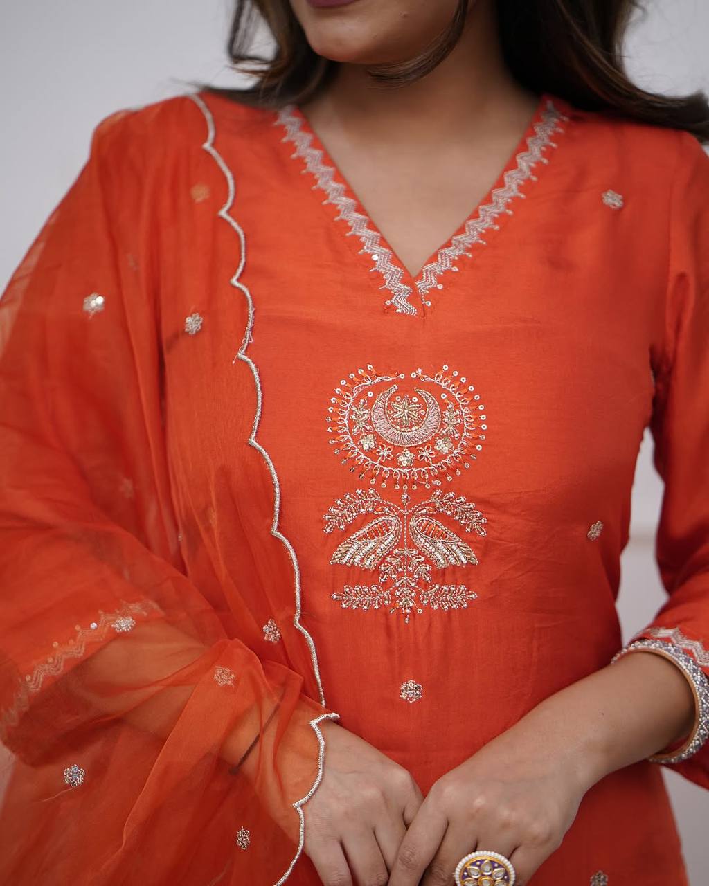 Malishka Women's Orange Viscose Chanderi Embroidered Straight Kurta Pant With Dupatta