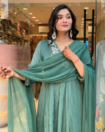 Thumbnail for Malishka Women's Green Chinon Embroidered Straight Kurta Pant With Dupatta