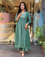 Thumbnail for Malishka Women's Green Chinon Embroidered Straight Kurta Pant With Dupatta