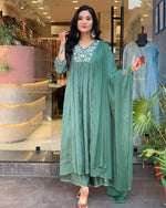 Thumbnail for Malishka Women's Green Chinon Embroidered Straight Kurta Pant With Dupatta