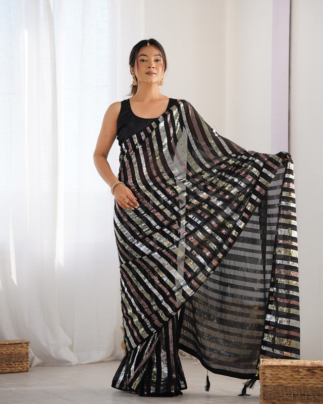 NOZ2TOZ Sequence Embroidery Georgette Black Saree With Unstitched Blouse Piece - Distacart