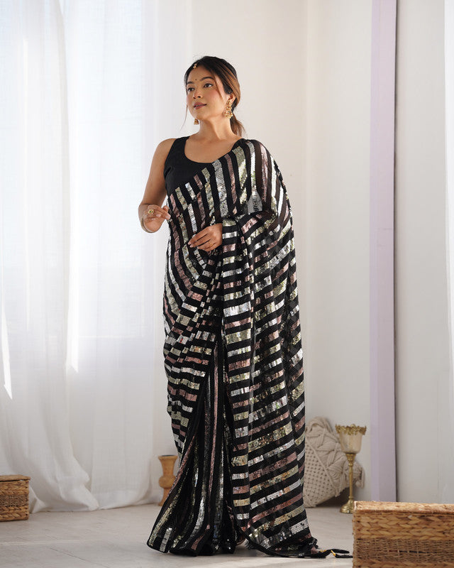 NOZ2TOZ Sequence Embroidery Georgette Black Saree With Unstitched Blouse Piece - Distacart