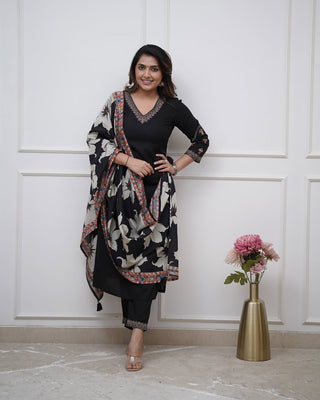 Malishka Women's Black Viscose Silk Embroidered Straight Kurta Pant With Dupatta