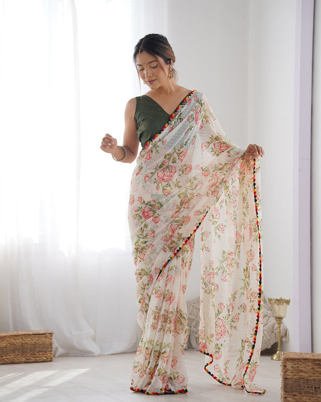 Malishka Printed Georgette Multi Saree With Unstitched Blouse Piece - Distacart