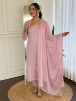 Thumbnail for Malishka Women's Pink Cotton Embroidered Straight Kurta Pant With Dupatta