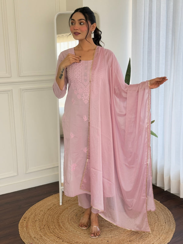 Malishka Women's Pink Cotton Embroidered Straight Kurta Pant With Dupatta