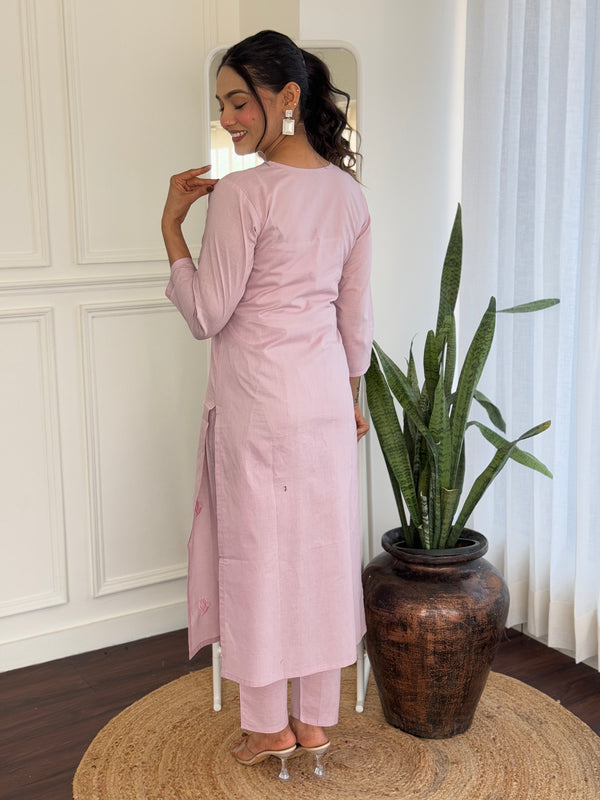 Malishka Women's Pink Cotton Embroidered Straight Kurta Pant With Dupatta