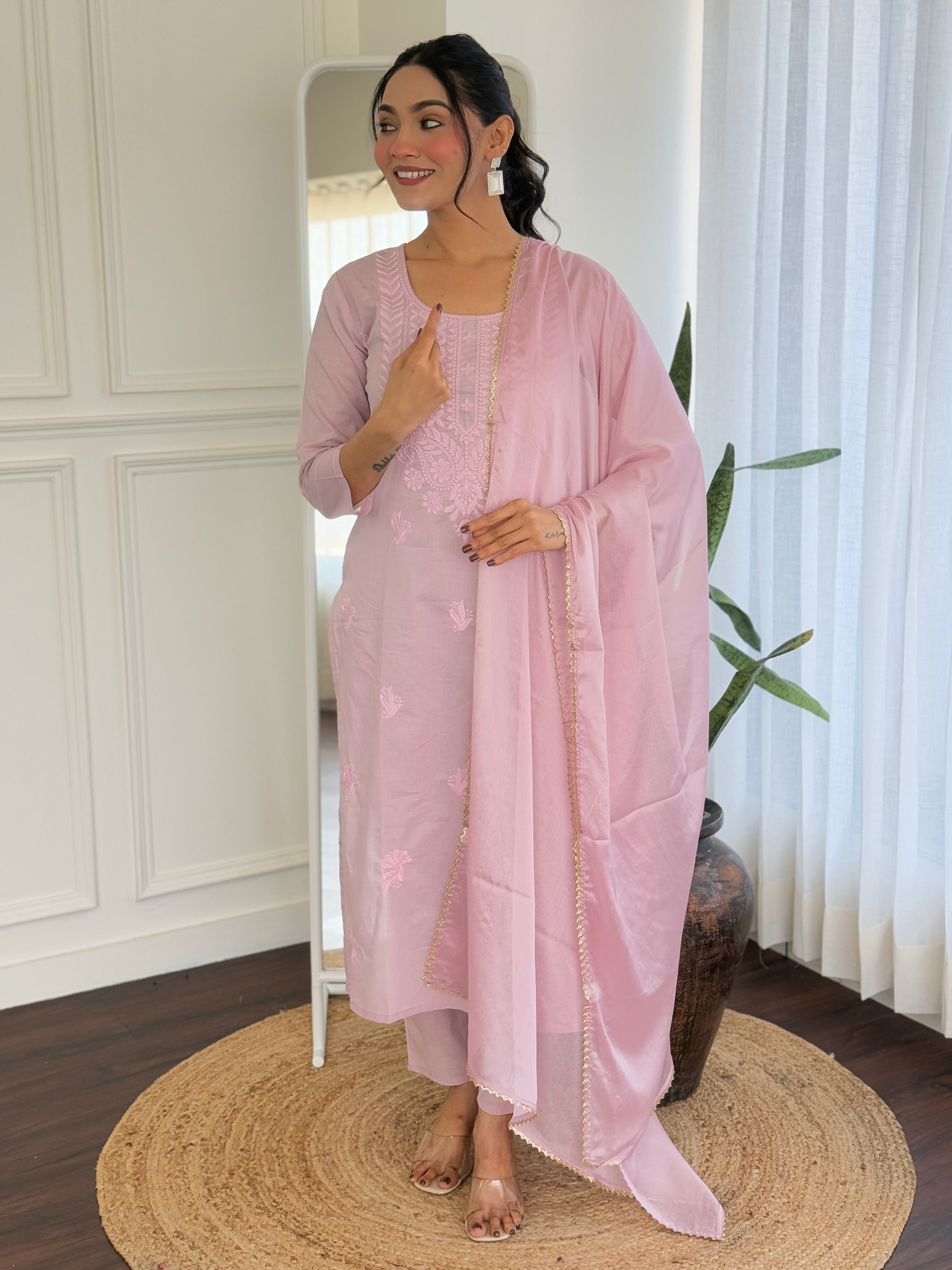 Malishka Women's Pink Cotton Embroidered Straight Kurta Pant With Dupatta