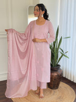 Thumbnail for Malishka Women's Pink Cotton Embroidered Straight Kurta Pant With Dupatta