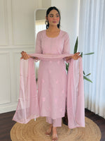 Thumbnail for Malishka Women's Pink Cotton Embroidered Straight Kurta Pant With Dupatta