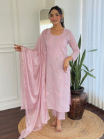 Thumbnail for Malishka Women's Pink Cotton Embroidered Straight Kurta Pant With Dupatta
