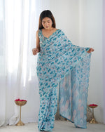 Thumbnail for Malishka Mirror Lace Chinnon Sky Blue Saree With Unstitched Blouse Piece