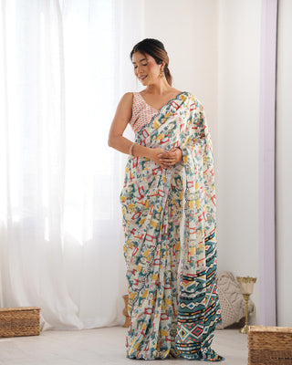 Malishka Mirror Lace Chinnon White Saree With Unstitched Blouse Piece