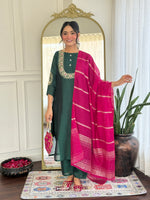 Thumbnail for Malishka Women's Green Vichitra Silk Embroidered Straight Kurta Pant With Dupatta