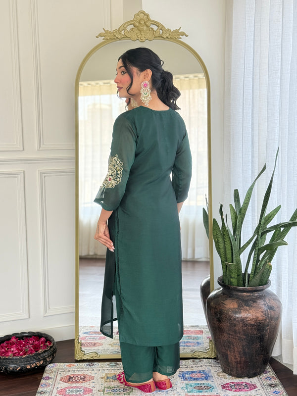 Malishka Women's Green Vichitra Silk Embroidered Straight Kurta Pant With Dupatta