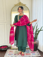 Thumbnail for Malishka Women's Green Vichitra Silk Embroidered Straight Kurta Pant With Dupatta