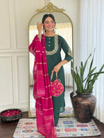 Thumbnail for Malishka Women's Green Vichitra Silk Embroidered Straight Kurta Pant With Dupatta