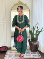 Thumbnail for Malishka Women's Green Vichitra Silk Embroidered Straight Kurta Pant With Dupatta