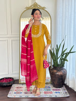 Thumbnail for Malishka Women's Mustard Vichitra Silk Embroidered Straight Kurta Pant With Dupatta